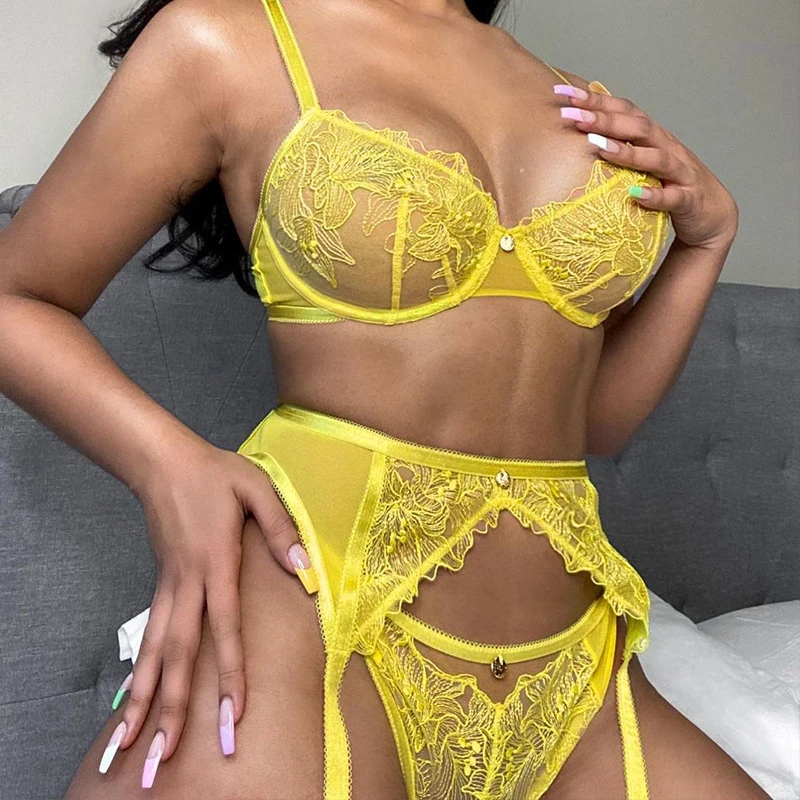 

Transparent Women Sexy Lingerie Bra Panty Garter Erotic Lace Embroidery with Diamond Underwear Set Conjunto Ropa Interior Mujer