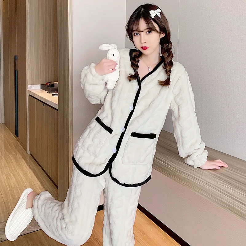 Winter Warm Long Sleeve Pajamas Trousers Suit Fashion Pyjama Set Large Size Nightwear Home Service