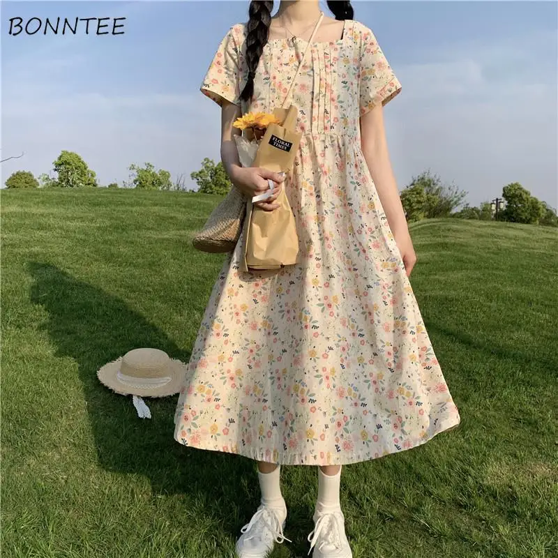 

Dress Women Tender Aesthetic BF Fashion Vestido Print Prairie Chic Simple College A-Line Midi Charm Artistic Korean Style Kawaii