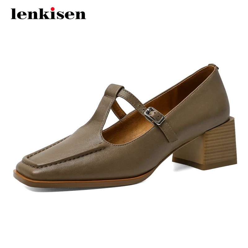 

Lenkisen vintage sheep leather maiden dating classic colors square toe thick high heel buckle strap young girls women pumps L7f2