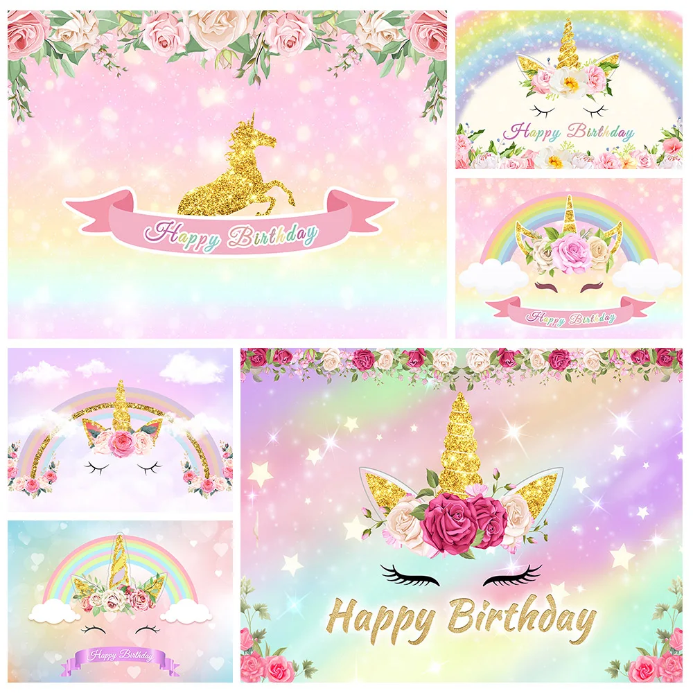 

Custom Name Gold Unicorn Background For Photography Birthday Party Rainbow Flower Glitter Banner Photocall Backdrop Photo Studio