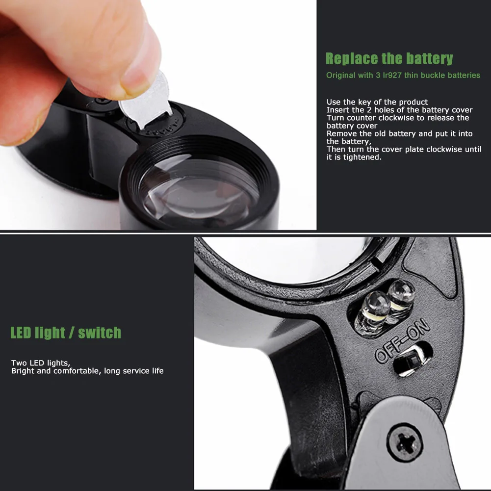 

High 40X Magnifying Loupe Jewelry Eye Glass Foldable Magnifier with LED Light DOG88