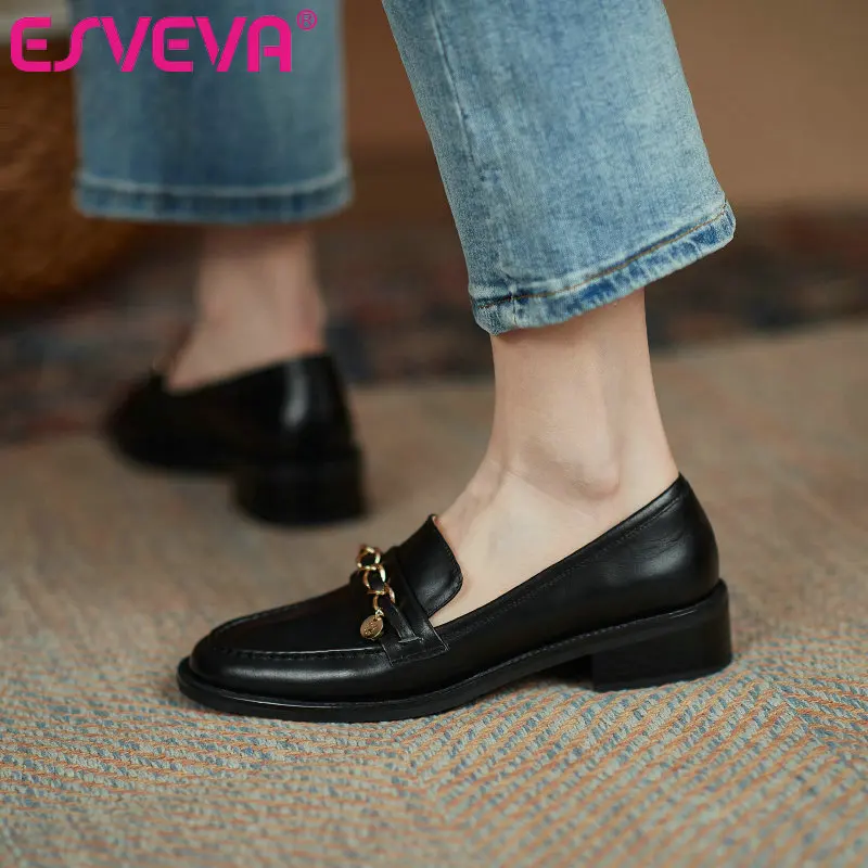 

Женские туфли-лодочки ESVEVA, из натуральной кожи, с круглым носком, на низком квадратном каблуке, повседневные, без застежек, с металлическими ...