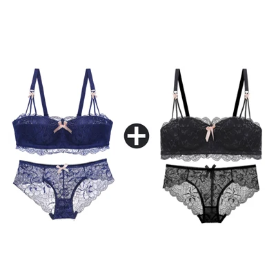 Blue And Black Sets 2 шт., бюстгальтеры для женщин, маленькая грудь, беспроводной бюстгальтер, кружевной бесшовный бюстгальтер с эффектом пуш-ап и трусики, набор, половина чашки, сексуальные трусы, нижнее белье - Цвет: Blue And Black Sets