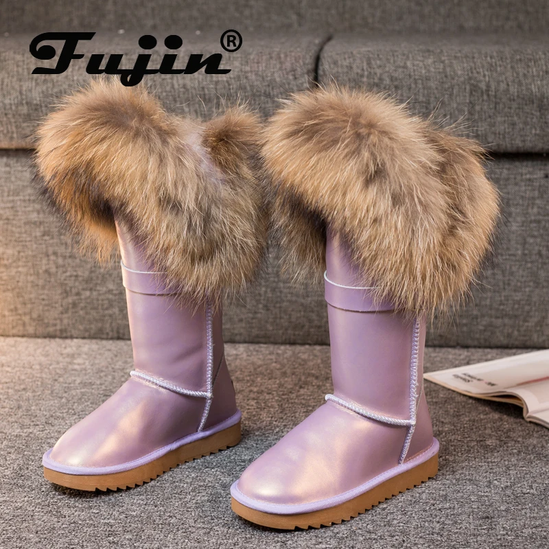 Женские ботинки до середины икры Fujin теплые Нескользящие из натуральной кожи с