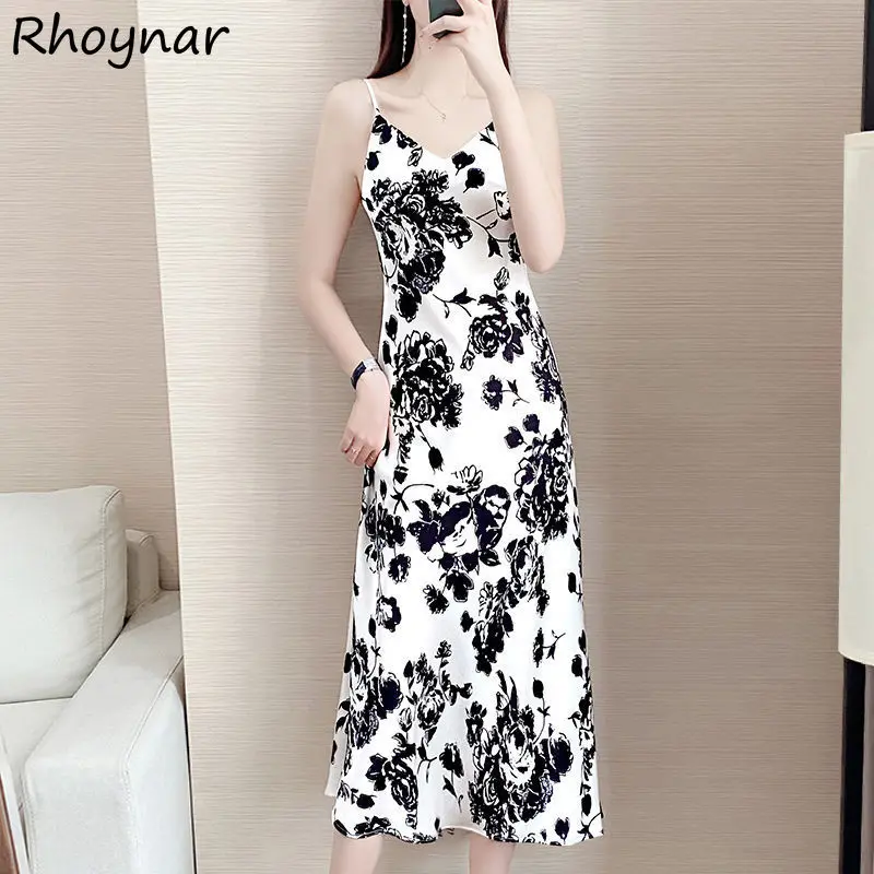 

Sleeveless Dress Women Floral Printing V-neck Vintage All-match Temperament Spaghetti Strap Korean Style Trendy Lady Summer New