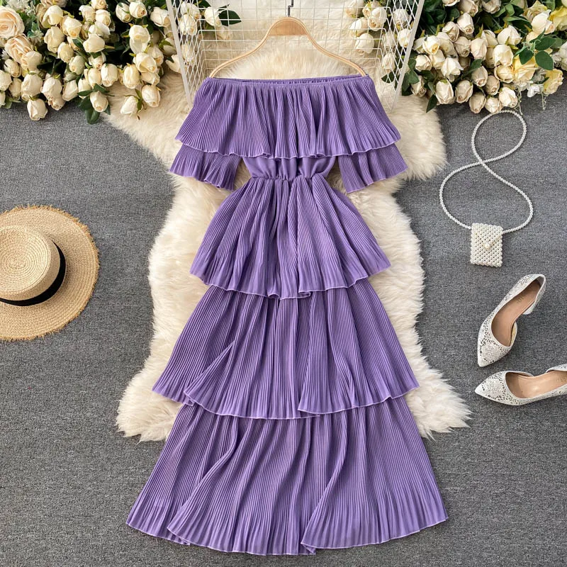 

2021 Spring Seaside Vacation Temperament Vestidos Feminine One-neck Short-sleeved Slim Slimming Cake Midi Dress C537