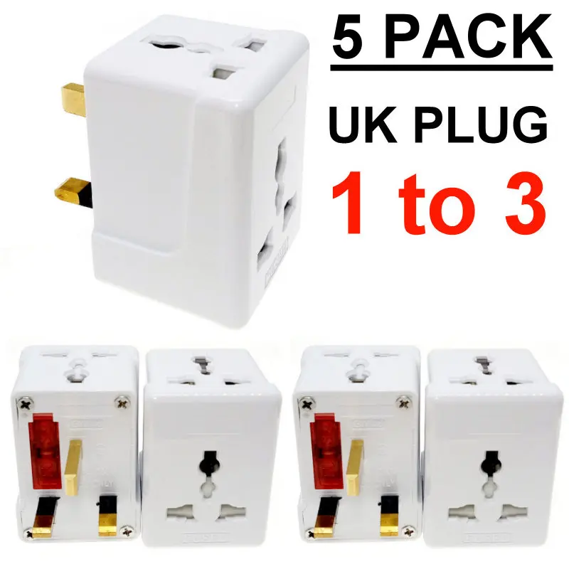 

(5 Pack) 3 IN 1 - UK Ireland Malaysia HK Singapore Plug Socket Splitter Masterplug Adapter 13A Fused AC250V