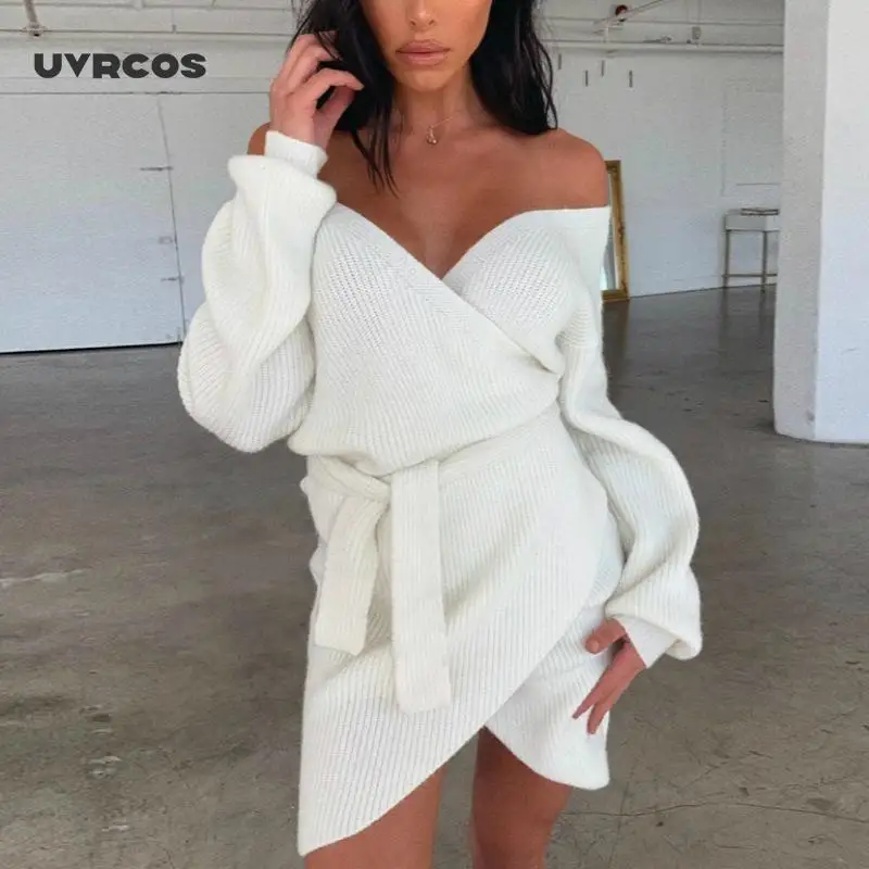 

2021 Sexy V Neck Tunic Sweater Dress Autumn Long Sleeve Lace Up Wrap Dresses Ladies Casual Mini Knitted Winter Dress