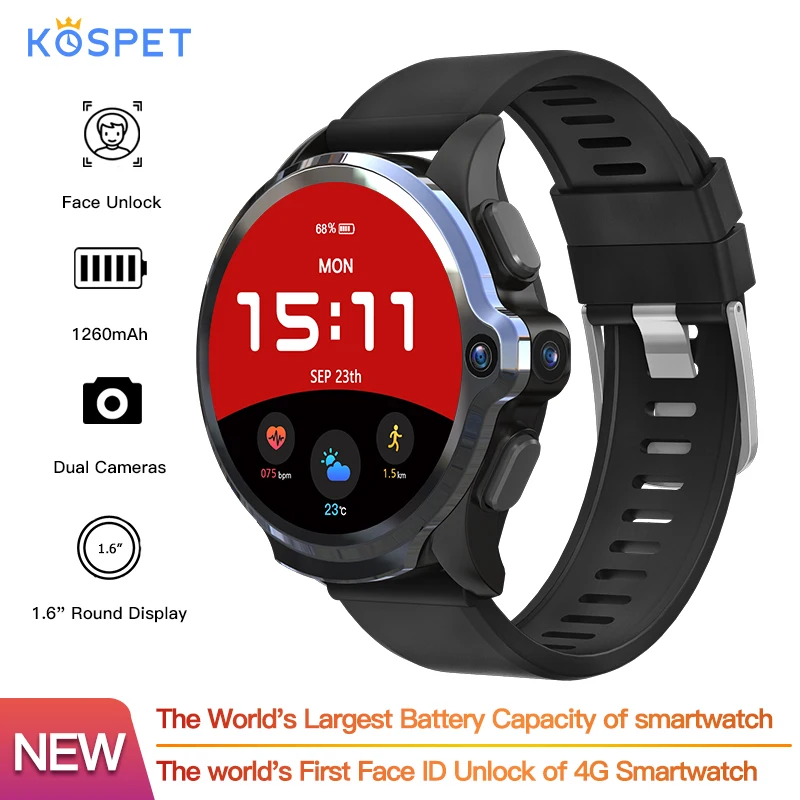 KOSPET Prime 4G 3G 32G Smartwatch телефон 1260mAh батарея двойная камера Лицо ID unclok 1 6 дюймов Android