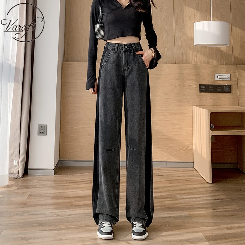

Autumn 2021 jeans women's loose jeans black gray high waist thin straight pants wide leg pants floor pants blue jeans