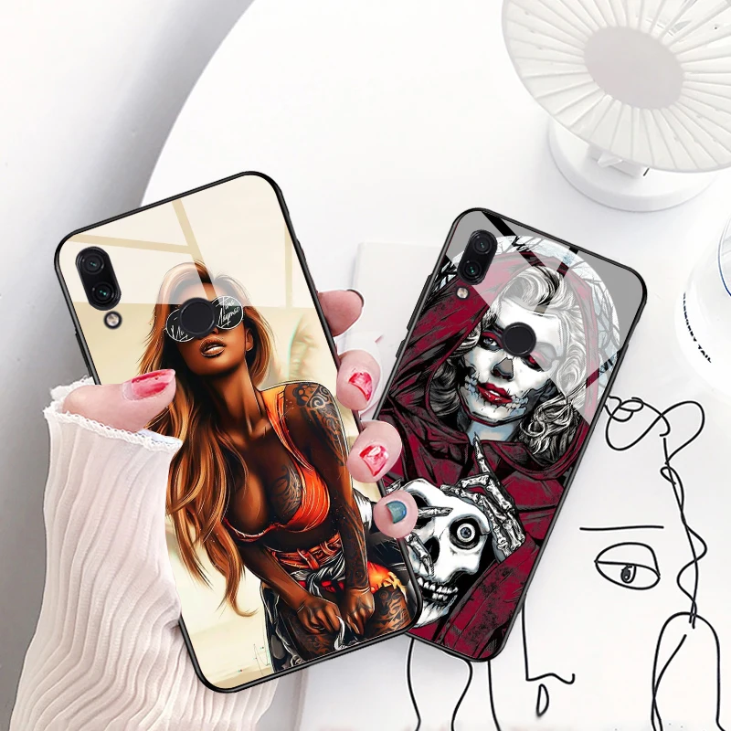 96W Sleeve Tattoo Girl Glass Case for Xiaomi 8 Lite 9 A1 A2 5X 6X F1 Redmi 4X 6A Note 5 6 7 Pro |