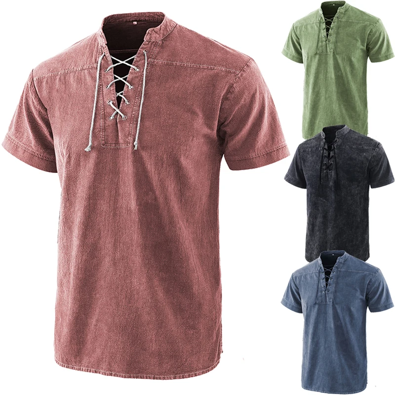 

Summer Men Baggy Solid Short Sleeve Tshirt Bandage Plus Size Shirt Tops Stand Collar Vintage Male Tee Shirt Tops Clothing
