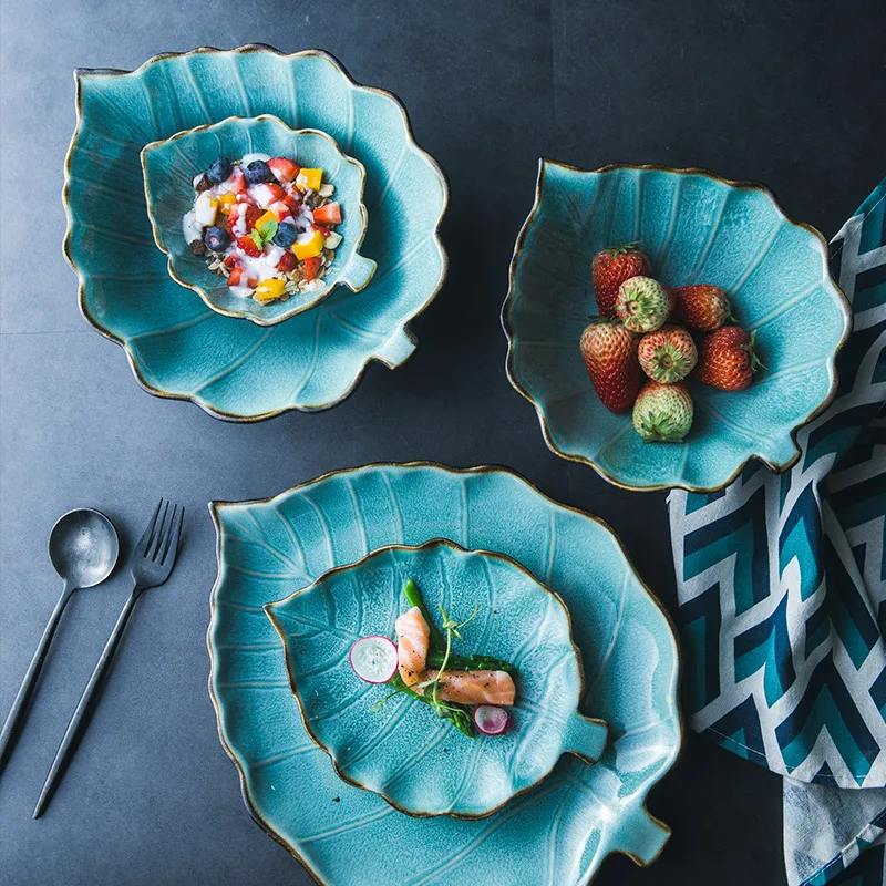 

FANCITY Japanese creative kiln glazed ceramic tableware leaf salad bowl noodle bowl soup bowl fruit bowl set large underglaze co