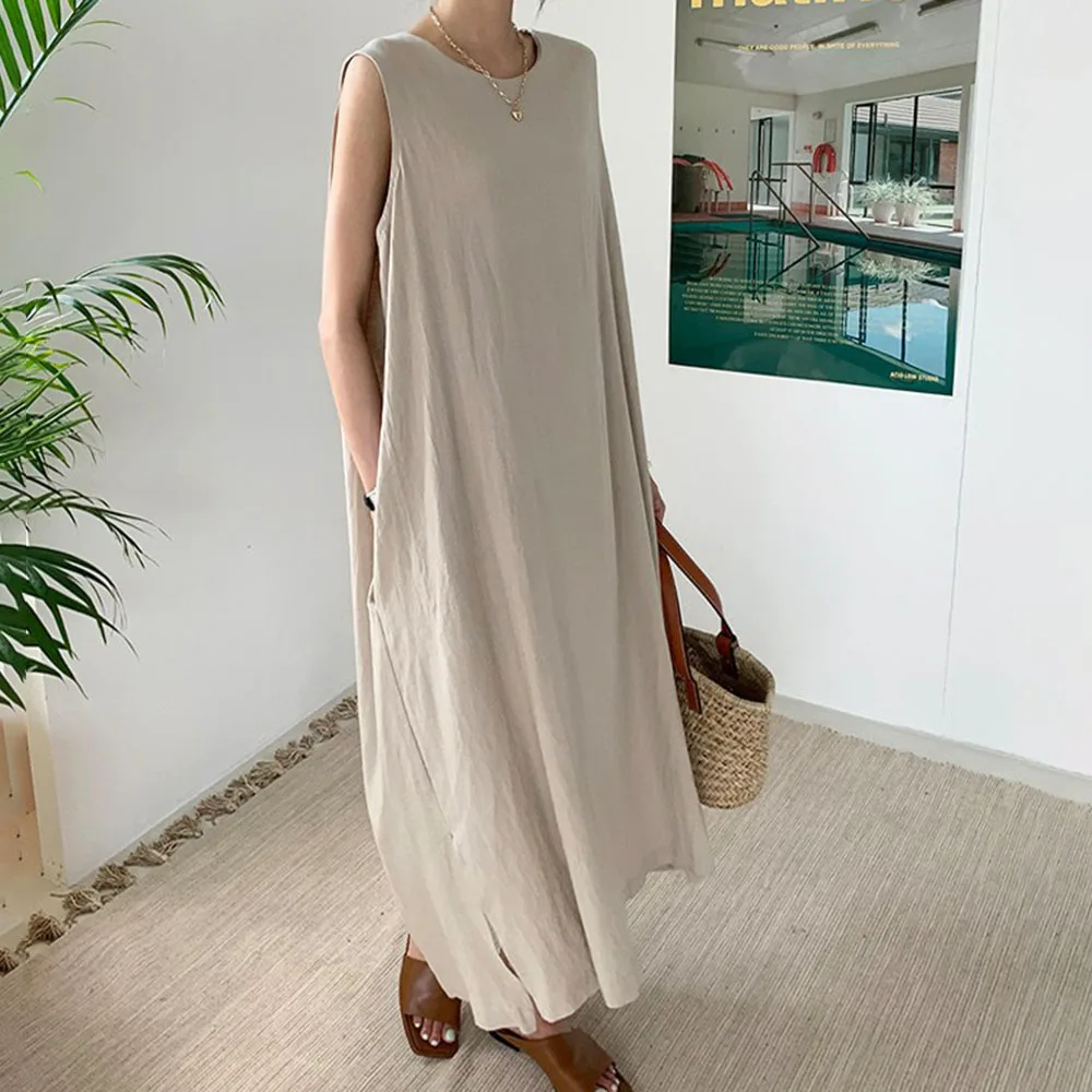 

Summer Dress Woman Long O-Neck Sleeveless Office Lady Elegant Fashion 2021 Female A-Line Maxi Dress Casual Women's Dresses Robe