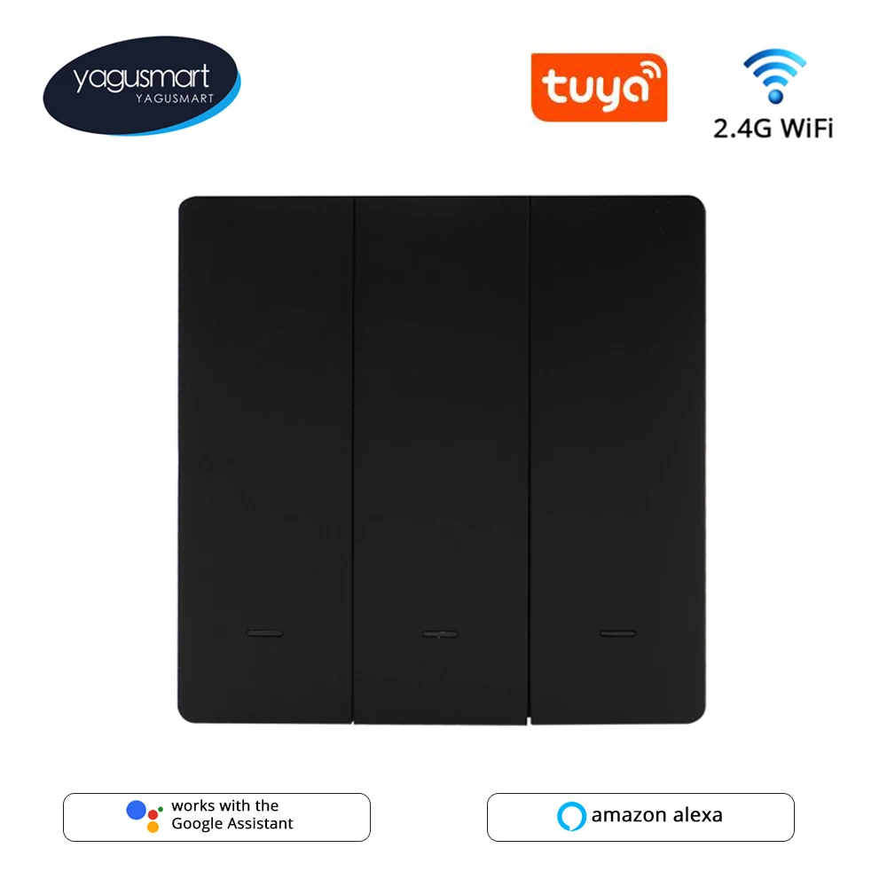 

Yagusmart Smart Tuya WiFi Switch Push Button Neutral Optional Wall Light Switch 110V 240V Alexa Google Home Voice Control Black