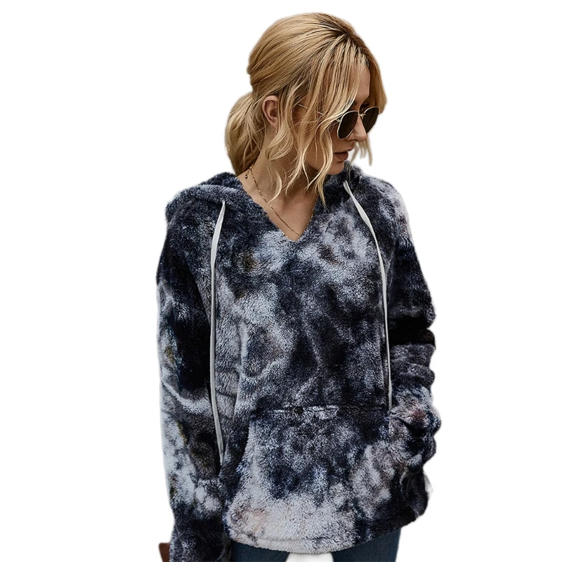 

Women Winter Fuzzy Faux Fleece Drawstring Hoodies Gradient Tie-Dye Long Sleeve Sweatshirts V-Neck Loose Pullover Tops Streetwear