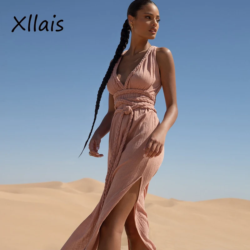

XLLAIS High Fashion Braided Straps Maxi Dress Sexy Deep Neck Split Sleeveless Tank Vestidos Elegant Holiday Beach Dresses