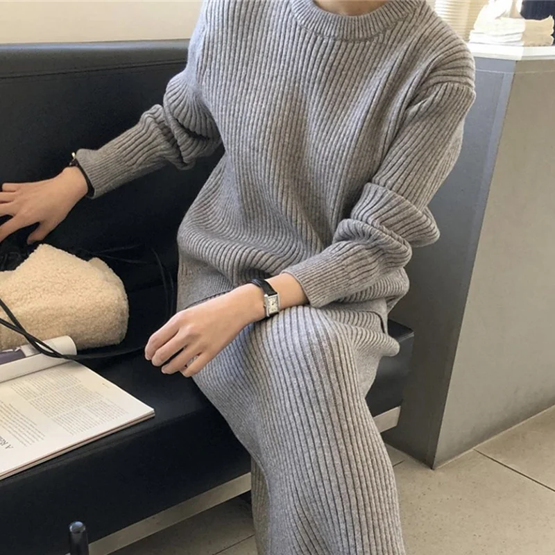 Oversized Pullovers Korean Chic French Round Neck Pit Strip Loose Long Sleeve Sweater High Waist Wrap Hip Skirt Suit Women | Женская