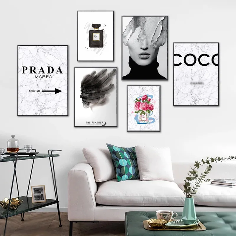 

Fashion Marble Coco Quotes Poster Black White Vogue Feather Woman Wall Art Canvas Painting Pictures For Living Room Home Decor