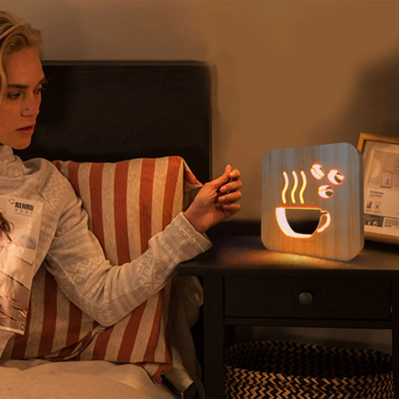 

LED Wooden Night Light Coffee LED Wooden Table Lamp 3D Ambient Light Bedside Desk Bedroom Decoration Lampara Sobremesa Lighting