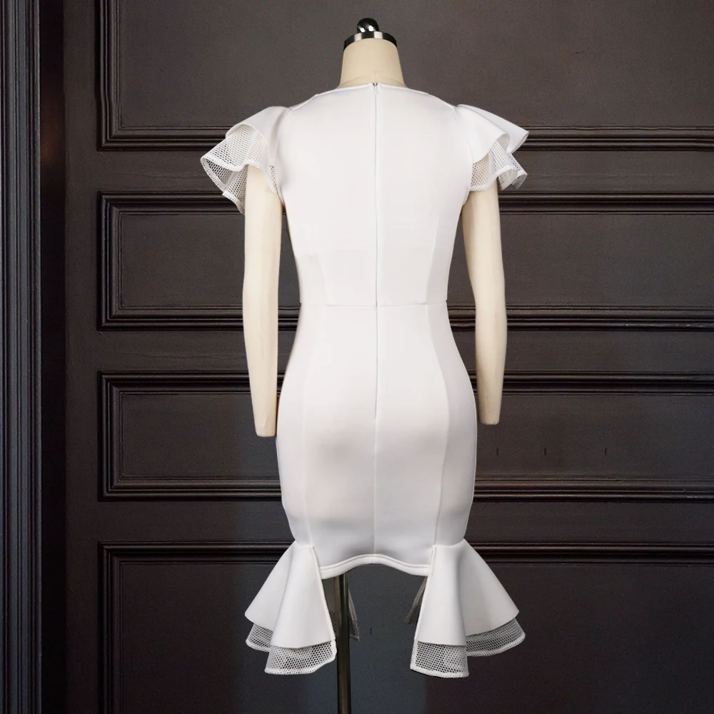 

Women White Dress Bodycon Skinny Party V Neck Ruffle Sleeve Slim Plus Size XL Birthday Elegant Ladies Night Mini Sexy Club Wear