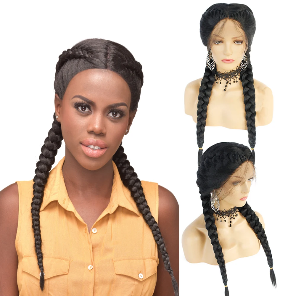 

Black Braided wigs with baby hair High Temperature Fiber synthetic lace front wig for women Natural 2x Twist Double Braids Wigs