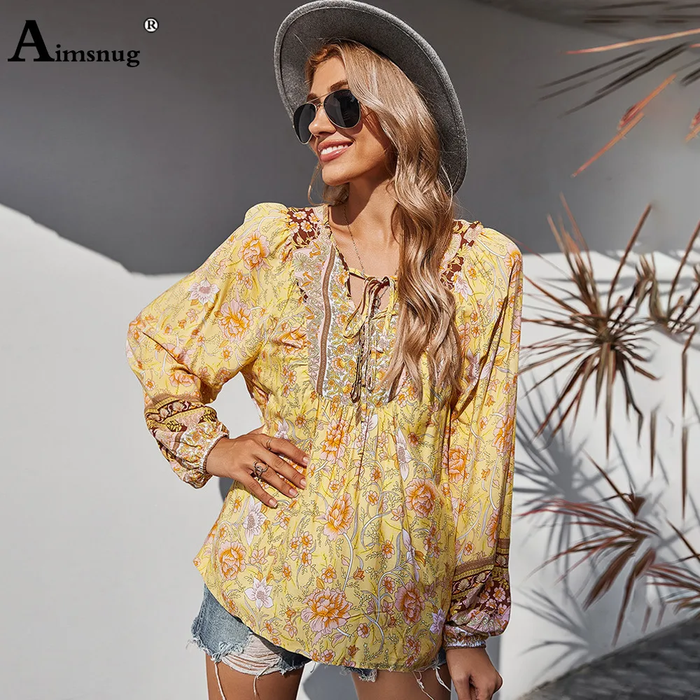 

Women Elegant Leisure Casual Lace-up T-shirt Boho Flower Print Tops Vintage 2021 Spring Autumn Loose Tees shirt Femme Clothing
