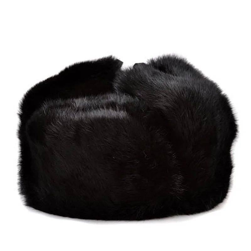 Rabbit Fur Cap Man Winter Genuine 100% Fur Bomber Hat Windproof Warm Earmuffs Male Flat Grey/Black Russian Hat