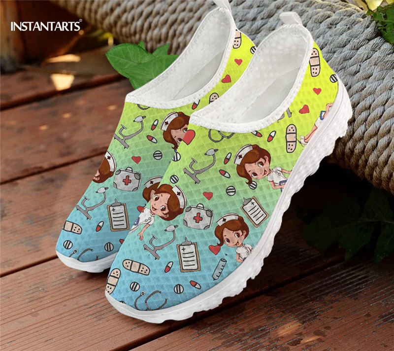 

INSTANTARTS Women Casual Slip On Flat Shoes Blue Yellow Gradient Cartoon Nurse Printing Breathable Mesh Sneaker Running Shoes