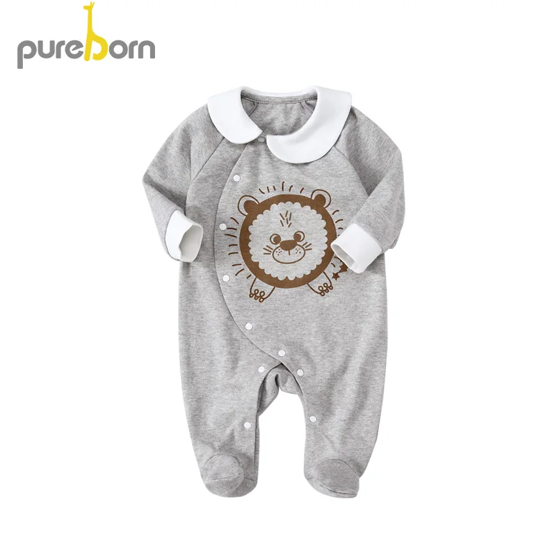 Gray Pureborn/ хлопковые Ползунки для новорожденных мальчиков и девочек; весенние комбинезоны; Верхняя одежда; одежда для сна с рисунками животных из мультфильмов - Цвет: Gray