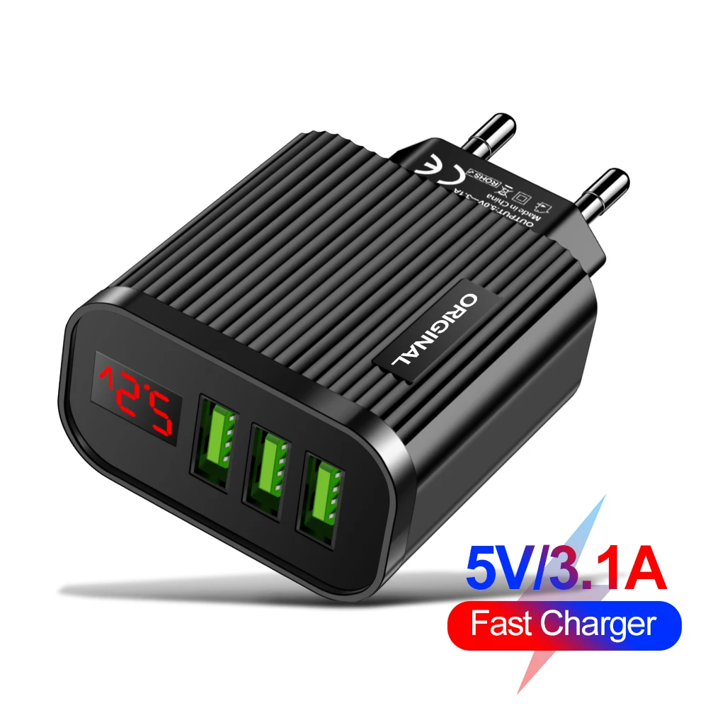 

Зарядное устройство для телефона с цифровым дисплеем, 3 USB-порта, 5,2 А