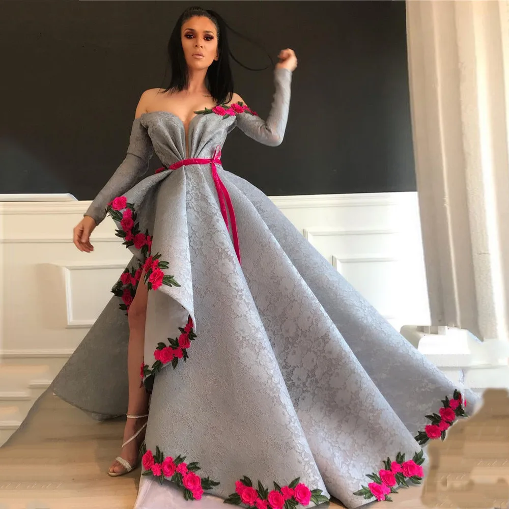 

Asymmetrical Arabic Dubai Lace Prom Dresses Flowers Long Sleeves Evening Dress Formal Party Gowns vestido formatura