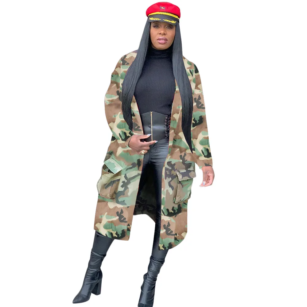 

Fall and winter new hot selling cross-border European and American women's wear camouflage printing medium-length trench coat