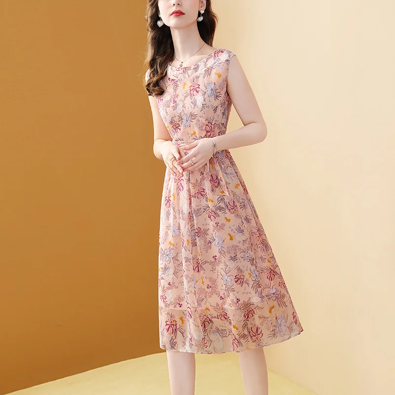 

Bohemian Summer Chiffon Print Dress Knee-Length A-LINE Lace O-Neck Elegant Pink Floral Printed Beach Style