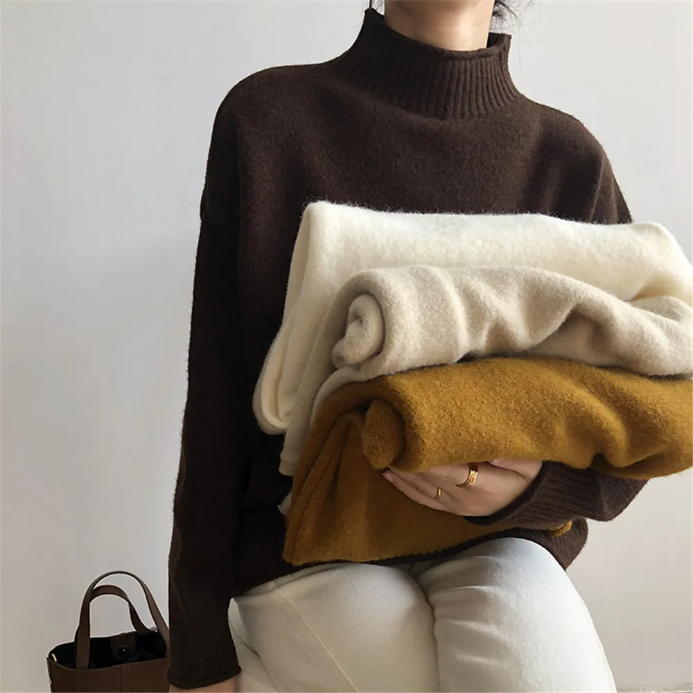

Winter Korean Women Turtleneck Sweater Fashion Loose Knitted Sweaters Pullover Basic Casual Warm Solid Tops Woman Clothes 2022