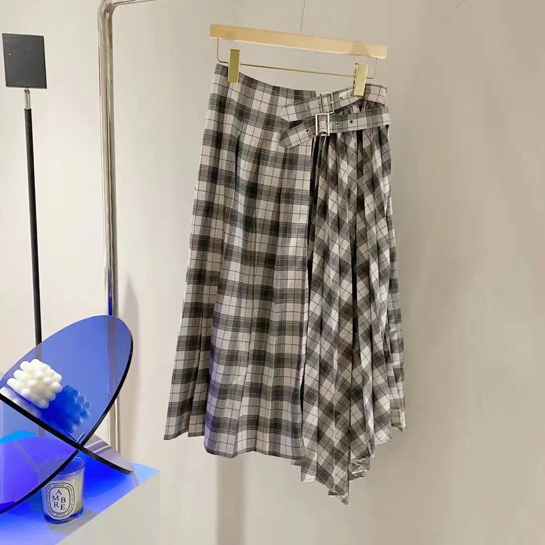 

fashion 2021 new women sexy belt check irregular skirt 0329