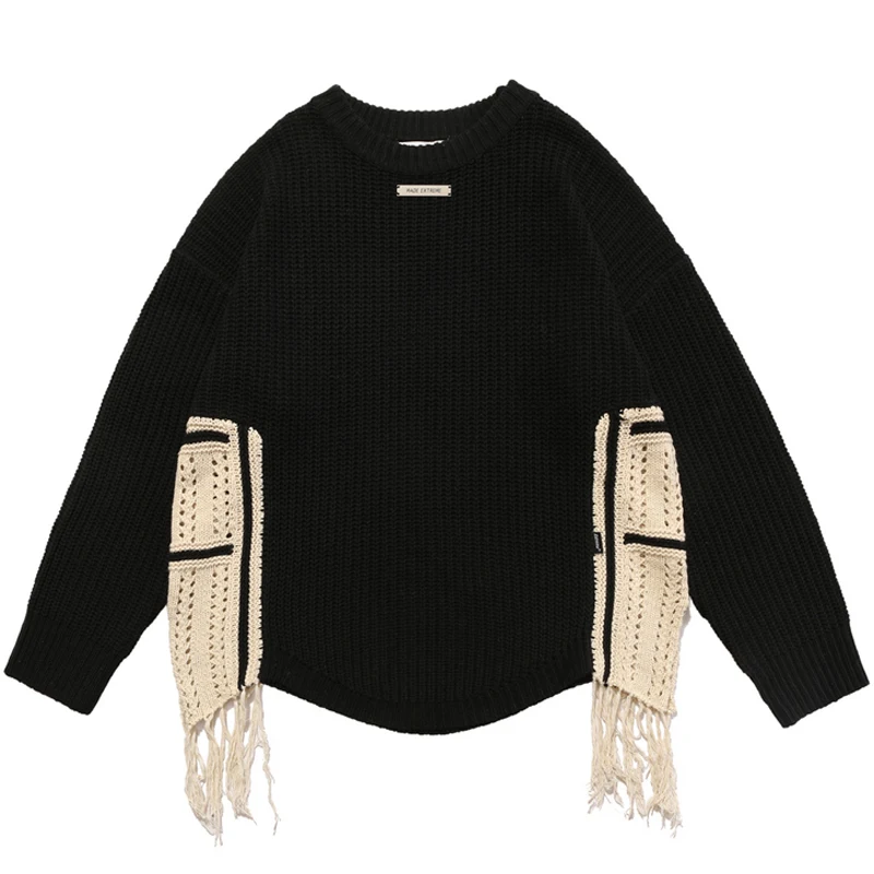 

Mens Harajuku Patchwork Tassel Sweaters Winter Unisex Oversized Couple Knitwear Male Casual Loose Vintage Hollow out Pullover