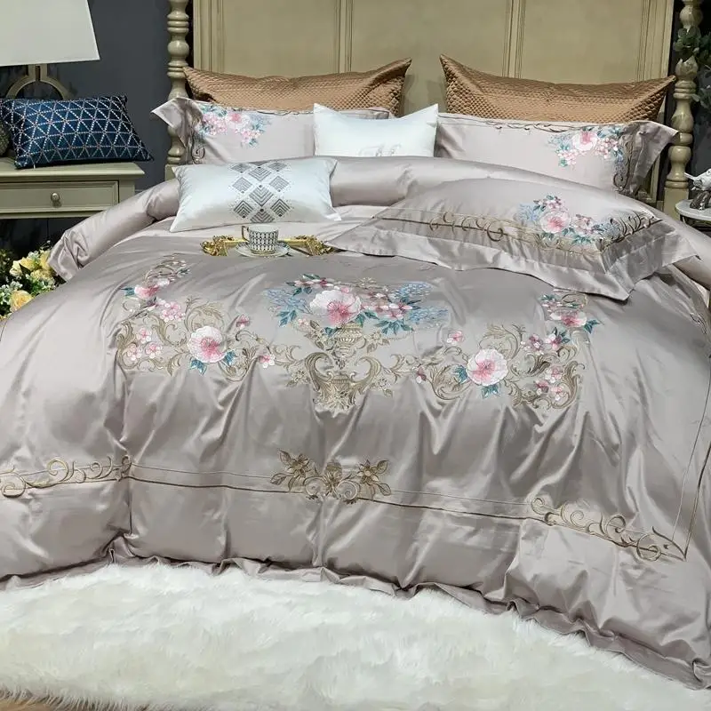 

Luxury 4/7Piece Chic Embroidery Gray Bedding set Ultra-Soft 1000TC Egyptian Cotton Bed Sheet Duvet Cover Sets Pillow shams