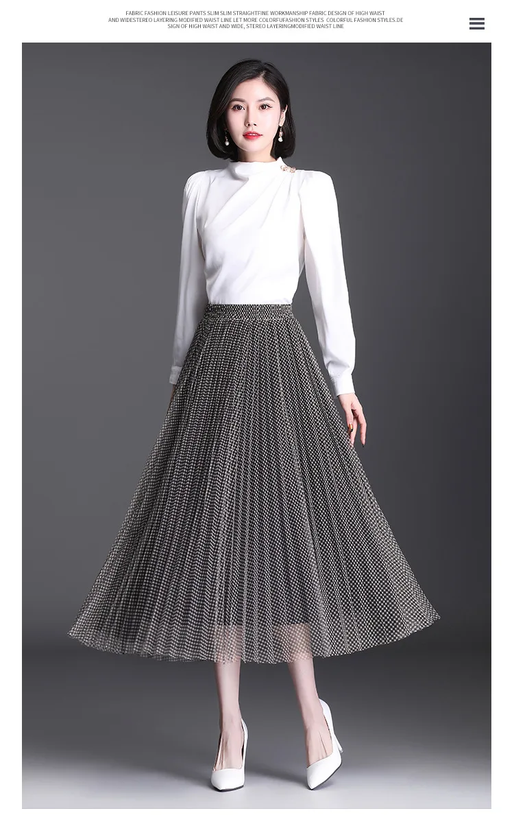 

Plaid Mesh Pleated Skirt 2021 Spring Summer Women Loose Big Swing High Waisted Casual Long Skirts Office Lady Elegant Korean