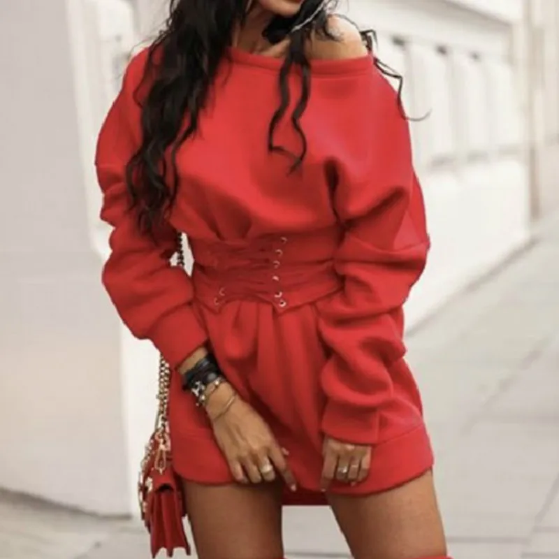 

2021 Red Fleece Dress Drawstring Casual Loose Pullover Dress Sexy Long Sleeve Sweatshirts Vestidos Party Ladies Clothing Spring
