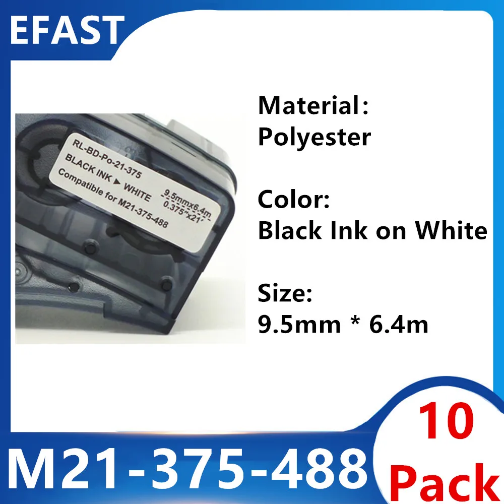 

10 Pack M21 375 488 Polyester Label Ribbon Label Tape Label Maker For BMP21 PLUS BMP21 LAB Printer Black On White 9.5mm * 6.4m
