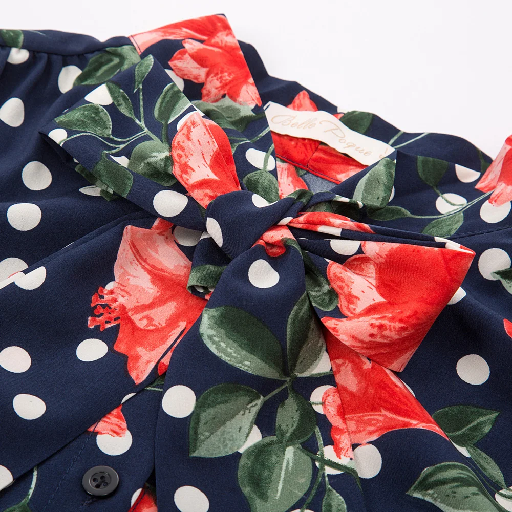 Bow Knot Tops Blouse Casual Turtle neck Tie front Women Short Sleeve Stand collar Button Belle Poque |
