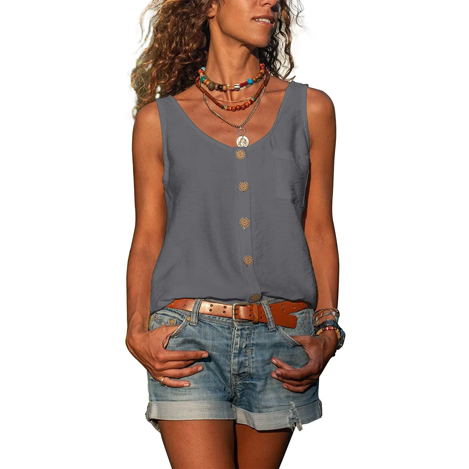 

Summer Single Breasted Sleeveless Tank Top Women V-neck Backless Sexy Pocket Vest 2021 Trendy Tank Tops Camisole Plus Size Black