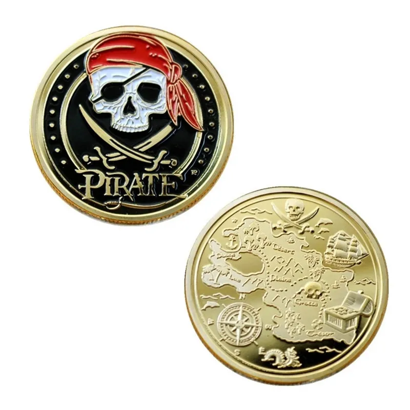 

32mm * 3mm skull pirate metal commemorative coin round double-sided plating badge puerto rico mexico gold challenge coin