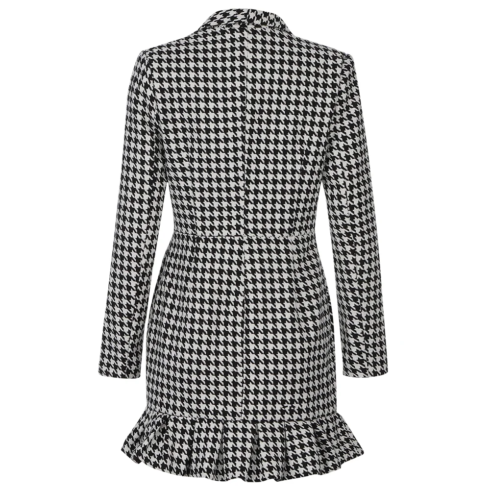 

2020 Winter Women Suit Dress British Style Single-Breasted Long-Sleeved Irregular Fishtail Dress Houndstooth Deep V Vestidos