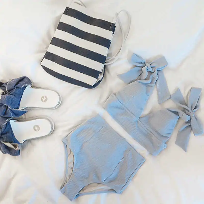 2021 New Popular Sweet Girl Cute Sexy Lace-Up Deep V Bow Knitted High Waist Shorts Bare Belly Split Bikini Hot Spring Swimsuit |