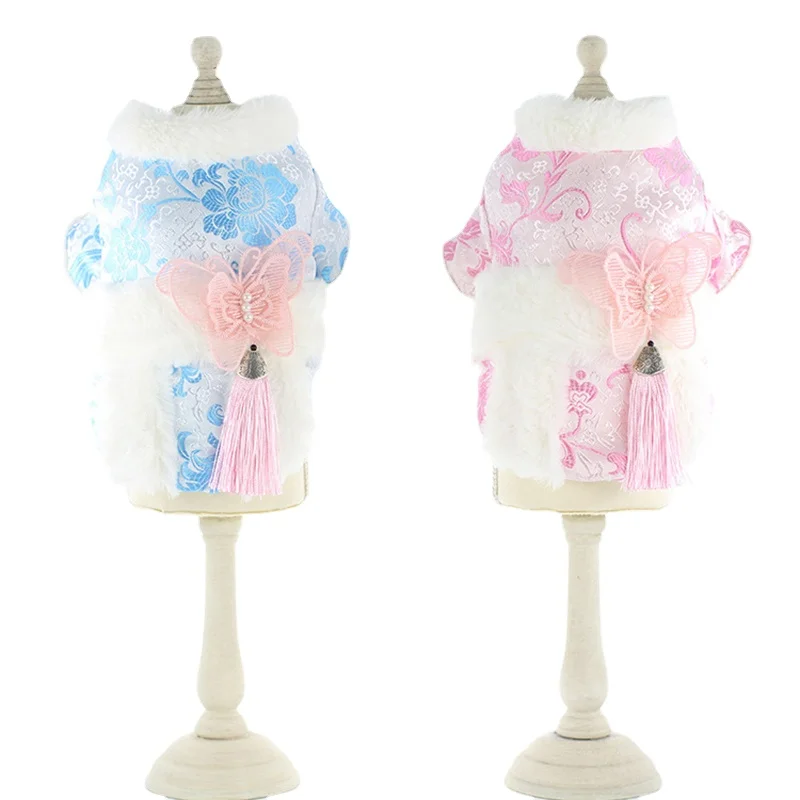 

Embroidery Dog Dress Bowknot Winter Chinese Style Dog Clothes XS Pet Costumes Warm Dog Coat Yorkie Bichon Corgi Teddy Clothing