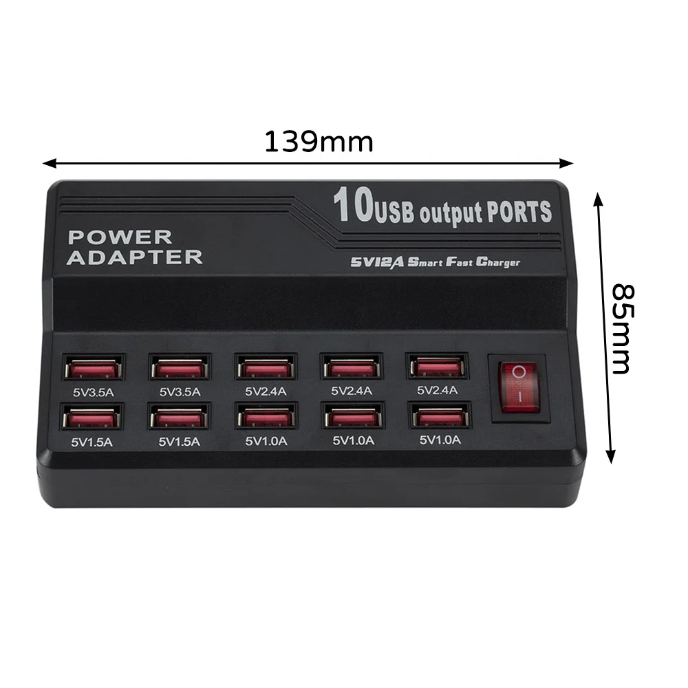 

USB AC Adapter Travel Wall HUB 5V 12A Output Power Charging Station Black ABS With High Quality
