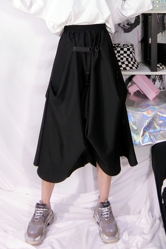 

XUXI 2019 New Women Summer Autumn Black Irregular Half Body High Waist Skirt Streetwear Splicing Buckle Ring Loose Thin FZ0144